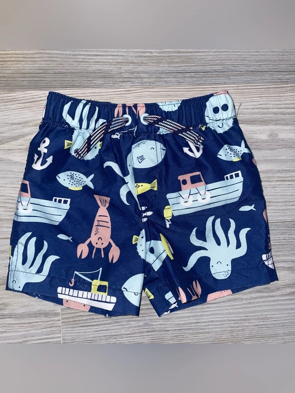 Carter’s Baby Boys Ocean Sea Life Swim Trunks 6M Navy Fish Boat Print
